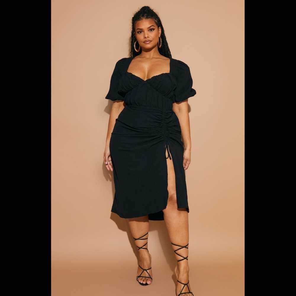 Puff Sleeve Ruched Side Slit Black Dress- PrettyLittleThing
